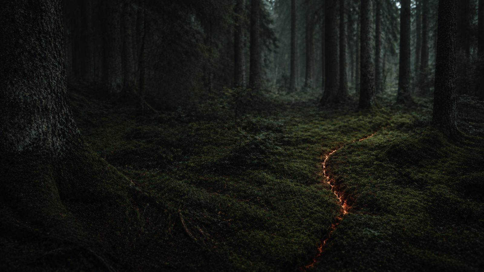 Hämärä metsä, jonka sammaleen alta hohtaa lämmin valo